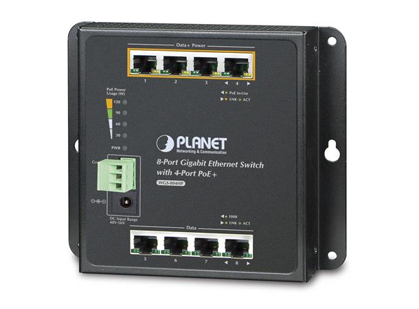 Planet Switch  8-p Gigabit 4xPoE+ Flat/Wall Industri IP30 DIN RPS B120W